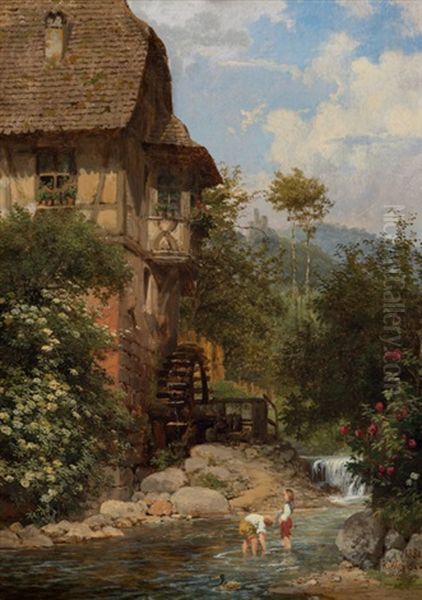 Wassermuhle In Bluhender Landschaft Oil Painting by Karl Weysser