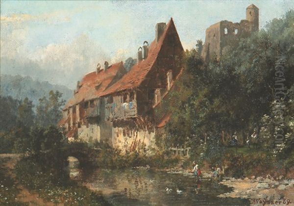 Hauser An Einem Flusschen Unterhalb Einer Burgruine Oil Painting by Karl Weysser