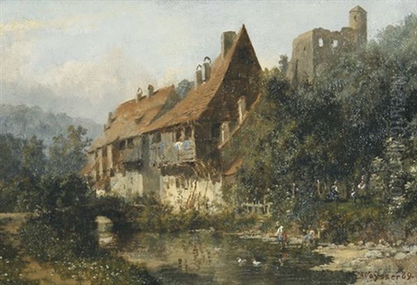 Hauser An Einem Flusschen Unterhalb Einer Burgruine Oil Painting by Karl Weysser