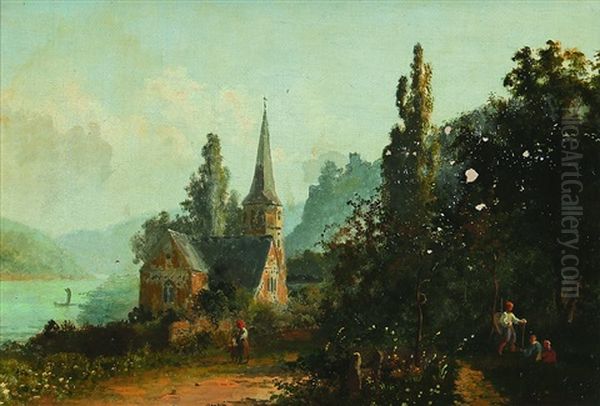 Clemenskapelle In Trechtingshausen. Rheinlandschaft Oil Painting by Karl Weysser