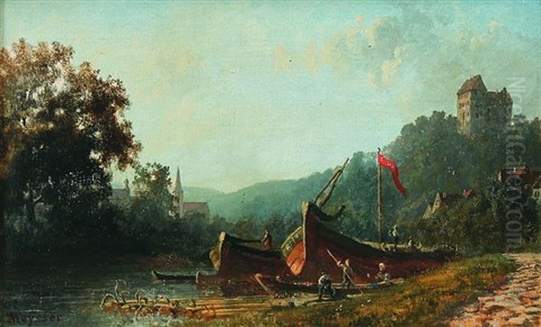 Schlosansicht. Boote Bei Gundelsheim Mit Der Burg Ehrenberg Im Hintergrund Oil Painting by Karl Weysser