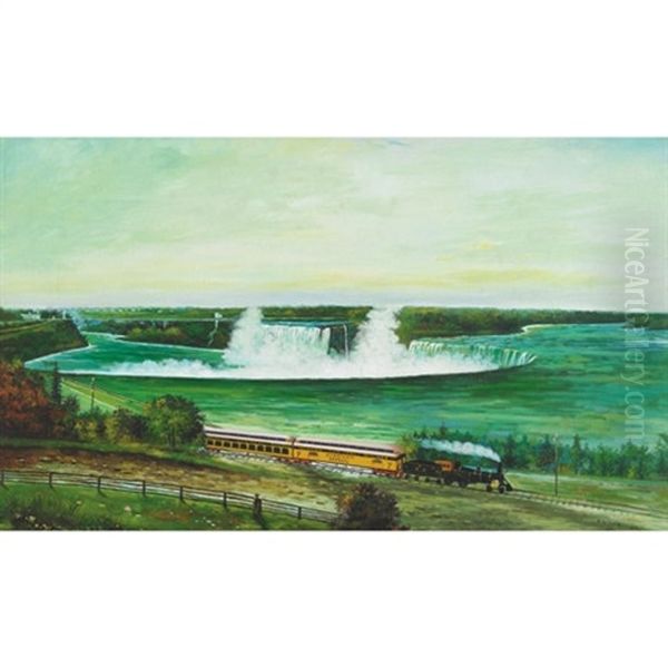 Panoramic Scene Of Niagara Falls With A Michigan Central Railway Train Oil Painting by Robert Reginald Whale