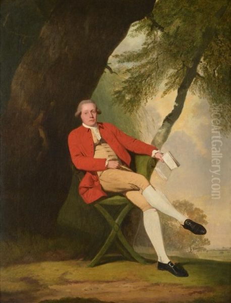 Portrait Of Squire Austin Wearing A Red Jacket And Seated Beneath A Tree Holding A Book Oil Painting by Francis Wheatley