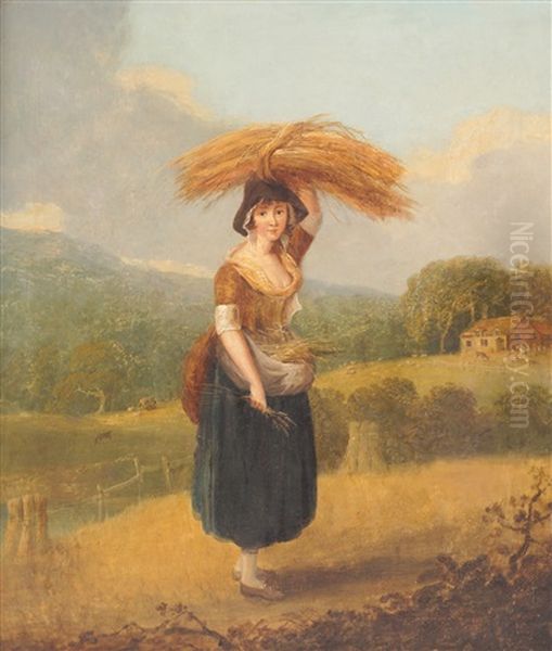 The Gleaner, A Young Girl In A Cornfield, A Farm In The Distance Oil Painting by Francis Wheatley