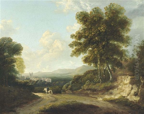 A Wooded Landscape With A Traveller On A Track, A Town Beyond Oil Painting by Francis Wheatley