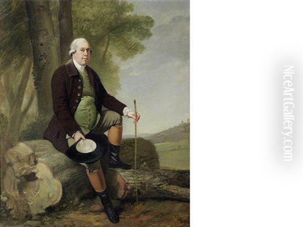 Portrait Of Jervoise Clarke-jervoise, Full-length, In A Brown Coat, Green Waistcoat, Breeches And Riding Boots, Seated On A Fallen Tree Stump, Holding A Cane Oil Painting by Francis Wheatley