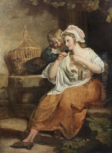 A Girl Feeding A Young Bird With A Young Boy Beside Her Oil Painting by Francis Wheatley