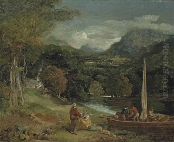 A Wooded River Landscape With Figures Unloading Barrels From A Small Ferry Boat, A Cottage And Mountains Beyond Oil Painting by Francis Wheatley