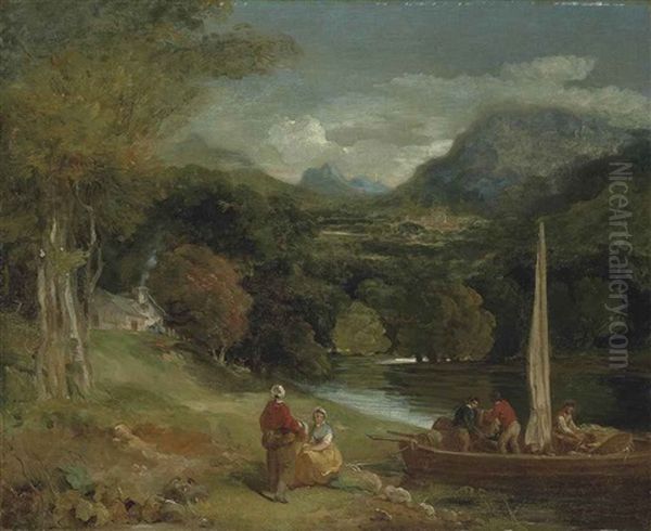 A Wooded River Landscape With Figures Unloading Barrels From A Small Ferry Boat, A Cottage And Mountains Beyond Oil Painting by Francis Wheatley