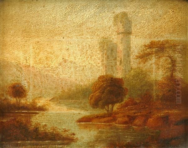 A River Landscapewith Castle Ruins Oil Painting by Broderin