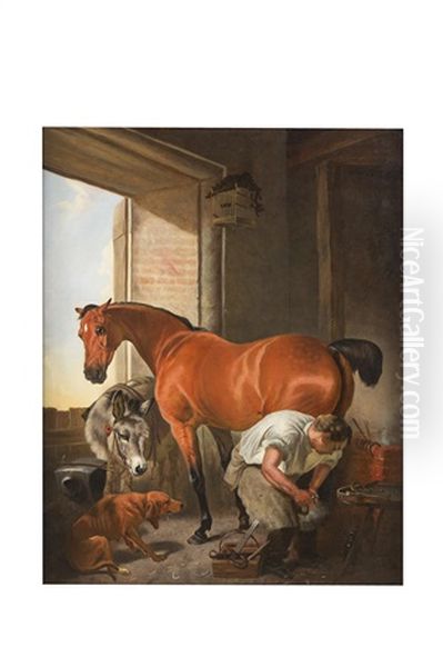 Shoeing The Bay Mare (after Edwin Landseer) Oil Painting by James Wheeler Of Bath