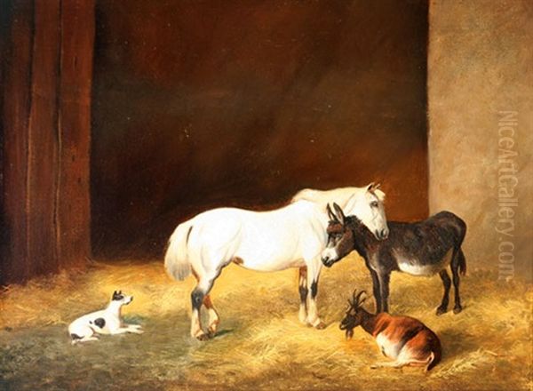 Horse, Donkey, Goat And Dog In Stall Oil Painting by James Wheeler