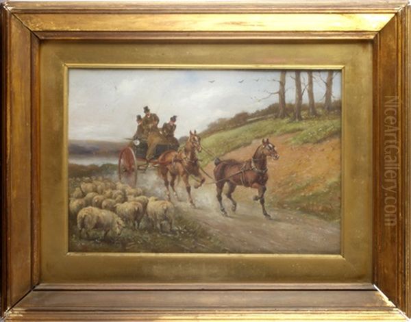 Horse Drawn Carriage Passing Sheep On A Track Oil Painting by James Thomas Wheeler