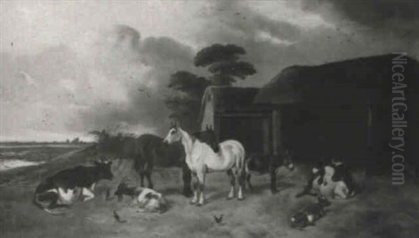 A Farmyard Scene With Horses, Cattle, A Donkey And A Goat Oil Painting by James Thomas Wheeler