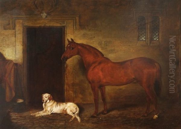 Horse And A Dog In A Stable Oil Painting by John Arnold Alfred Wheeler