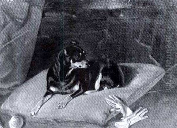 A Manchester Terrier On A Red Pillow Oil Painting by John Frederick Wheeler