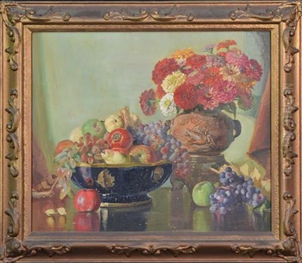 Fruit & Flowers In Oriental Vase,. Still Life Oil Painting by George Whinnen