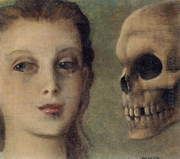 Girl's Head Beside A Skull Oil Painting by Rex John Whistler