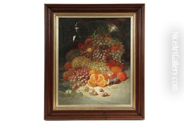 Still Life With Fruit, Decanter, Stemware & Silver Charger Oil Painting by George William Whitaker