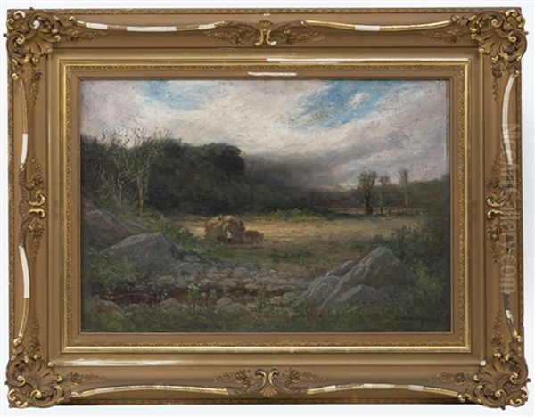 Landscape With Figures Haying Oil Painting by George William Whitaker