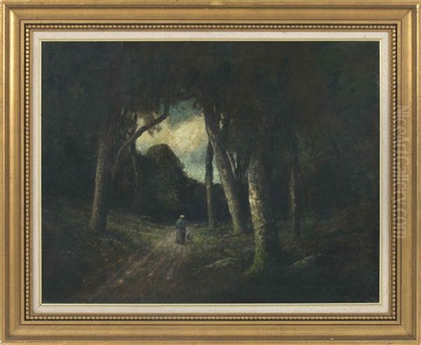 Figure Walking Down A Forest Path Oil Painting by George William Whitaker