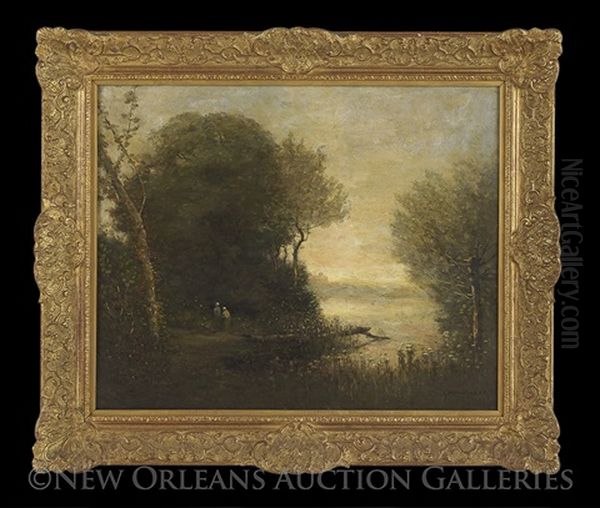 River Landscape With Figures Oil Painting by George William Whitaker