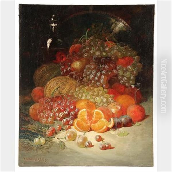 Still Life With Fruit, Decanter, Stemware & Silver Charger Oil Painting by George William Whitaker