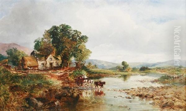 Cart Crossing River Oil Painting by James William Whitaker