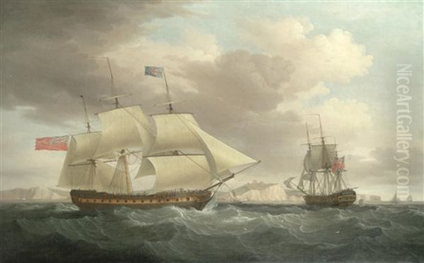 The East Indiaman Surat Castle In Two Positions Calling For A Pilot Off Dover Oil Painting by Thomas Whitcombe