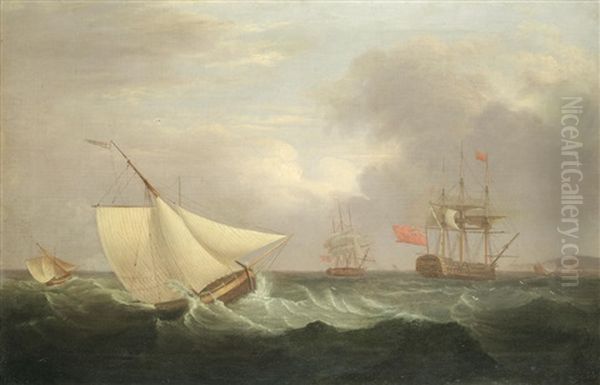 A Cutter In Heavy Seas, With A Man-of-war Beyond Oil Painting by Thomas Whitcombe