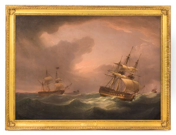 A Squadron Of The Royal Navy In Heavy Weather Oil Painting by Thomas Whitcombe