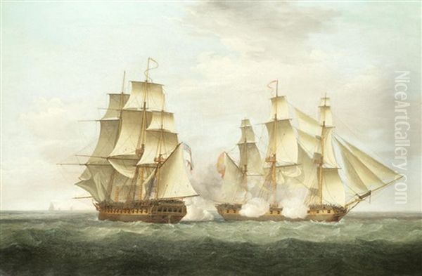 H.m.s. Ethalion In Action With The Spanish Frigate Thetis Off Cape Finisterre, 16th October 1799 Oil Painting by Thomas Whitcombe