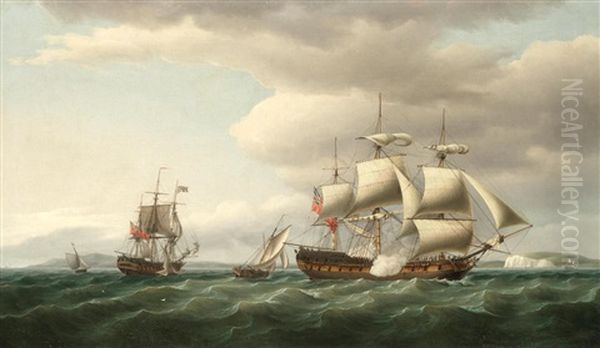 The East Indiaman Rodney In Two Positions Off The English Coast And Firing A Salute To Mark Her Safe Return From Bengal In August 1788 Oil Painting by Thomas Whitcombe