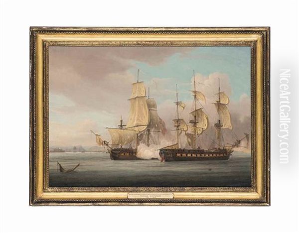 Hms Crescent, Under The Command Of Captain James Saumarez, Capturing The French Frigate Reunion Off Cherbourg, 20 October 1793 Oil Painting by Thomas Whitcombe