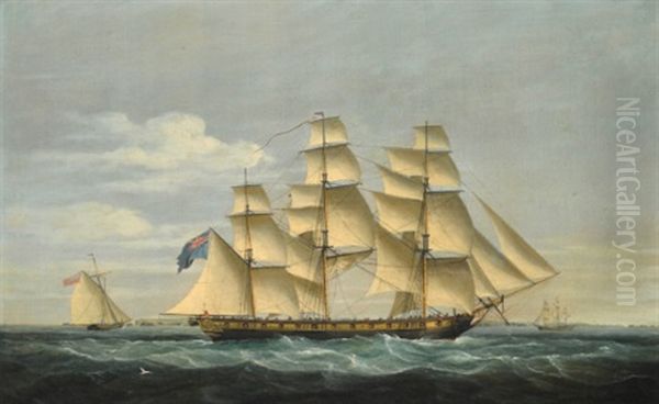 A British Frigate And An Armed Cutter, Patrolling Off The French Coast Oil Painting by Thomas Whitcombe