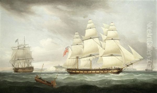 A Flagship Of The Blue Squadron, With The Vice-admiral Aboard, Astern Of A Large Merchantman, Both Just Past Dover Oil Painting by Thomas Whitcombe