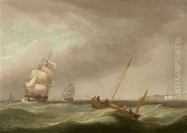 Sailing Ships Before The Cliffs Of Dover Oil Painting by Thomas Whitcombe