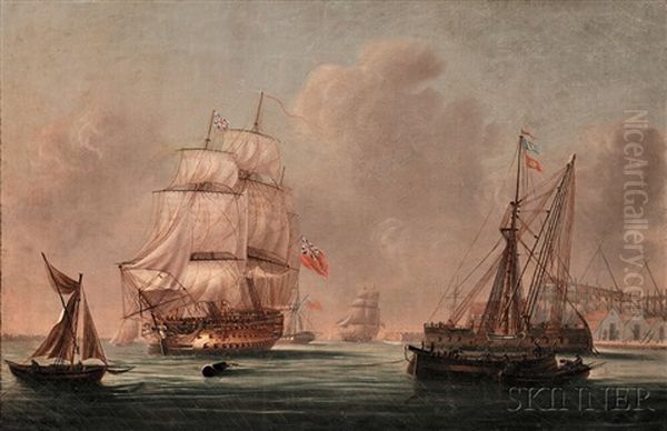 War Ship At Port (possibly Southampton) Oil Painting by Thomas Whitcombe