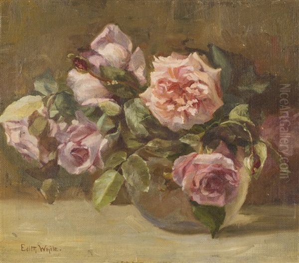 Vase Of Pink Roses Oil Painting by Edith White