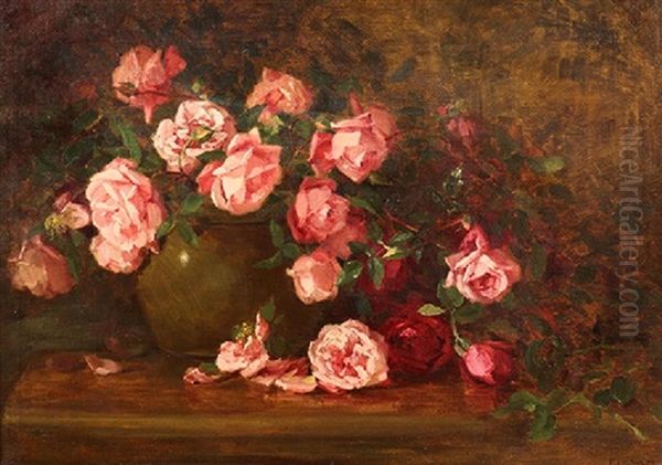 Still Life Of Roses In A Vase Oil Painting by Edith White