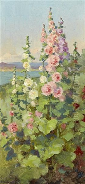 Hollyhocks Oil Painting by Edith White