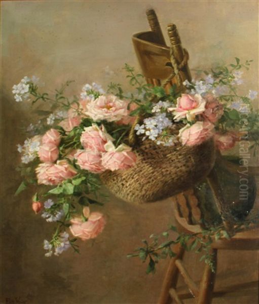 A Basket Of Roses Suspended From A Chair Oil Painting by Edith White