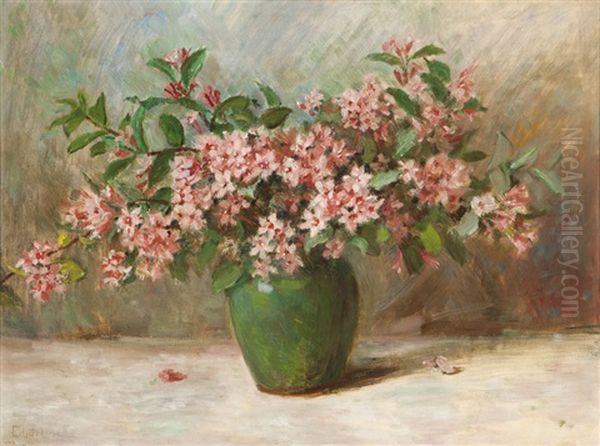 Pink Oleander Blossoms In A Green Vase Oil Painting by Edith White