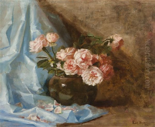 Still Life With A Vase Of Roses Oil Painting by Edith White