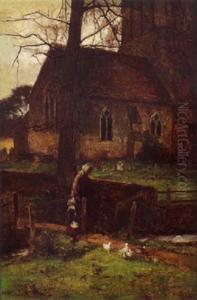 Mere Et Enfant Devant L'eglise by John White