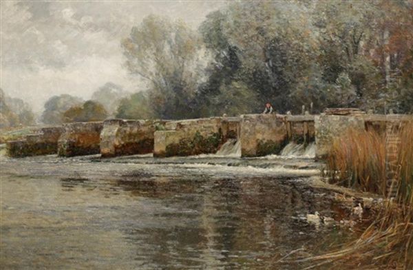 A Figure Fishing From A Weir Crossing A River Oil Painting by Frederick (William Newton) Whitehead