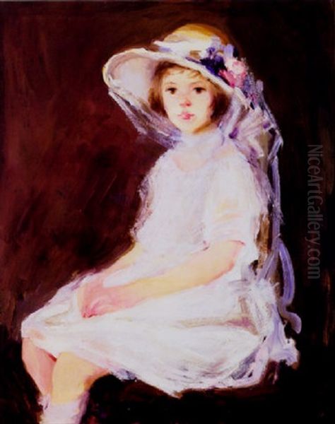 Portrait Of A Seated Young Girl In White Oil Painting by Camelia Whitehurst