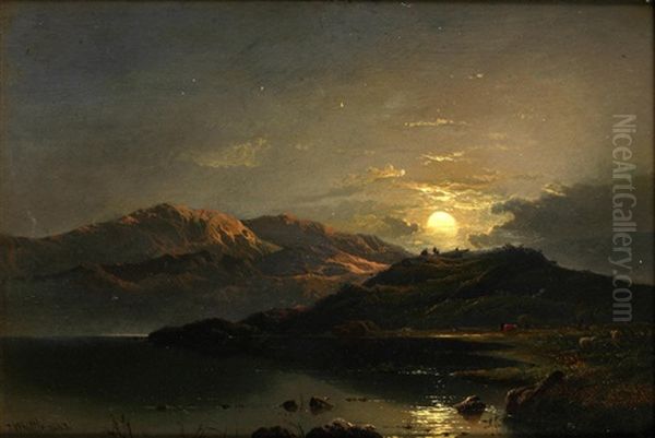 Sheep In A Mountainous Landscape; Moonlit Mountainous Landscape Oil Painting by Thomas Whittle the Elder