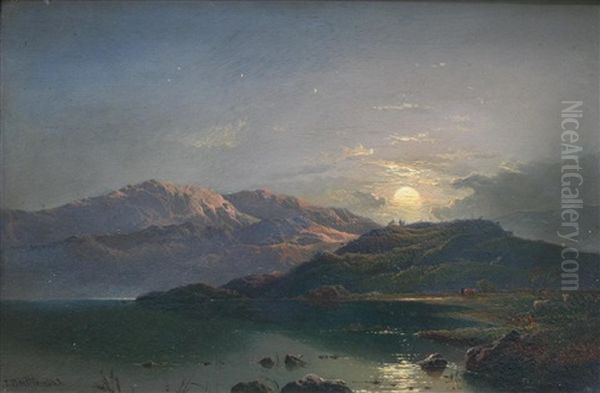 Shepherd With Flock By A Lake At Sunset (+ Moonrise Above The Lake, On Board; 2 Works) Oil Painting by Thomas Whittle the Elder