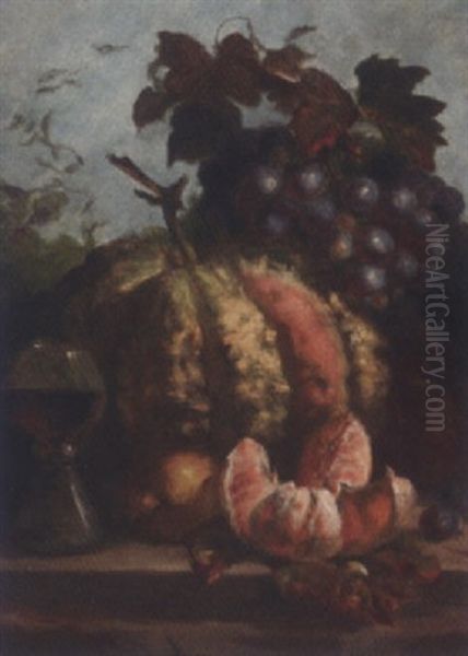 Grapes, A Peeled Orange, A Squash, And A Glass Of Wine, On A Wooded Ledge Oil Painting by Thomas Whittle the Elder